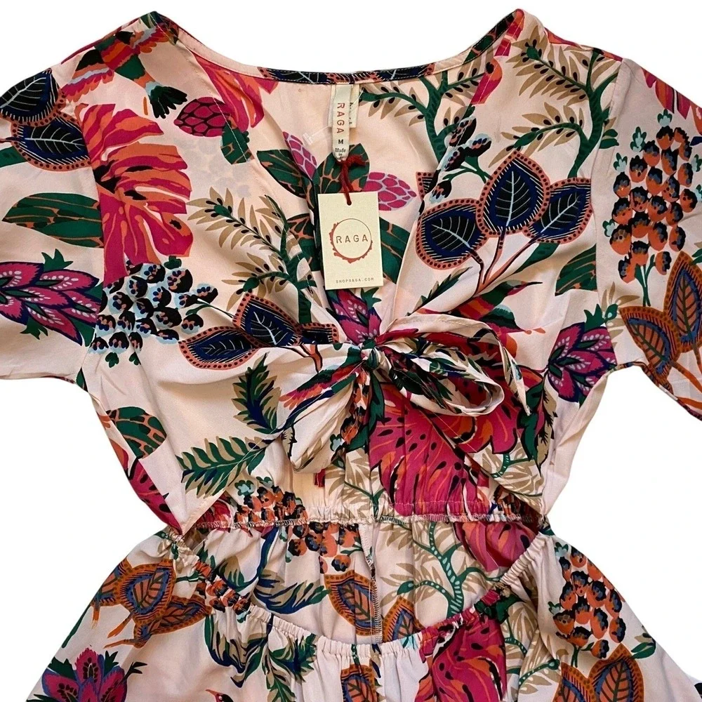 Raga Floral Cutout Bell Sleeve High Low Midi Dress Pink Multi R4561 Womens M NEW